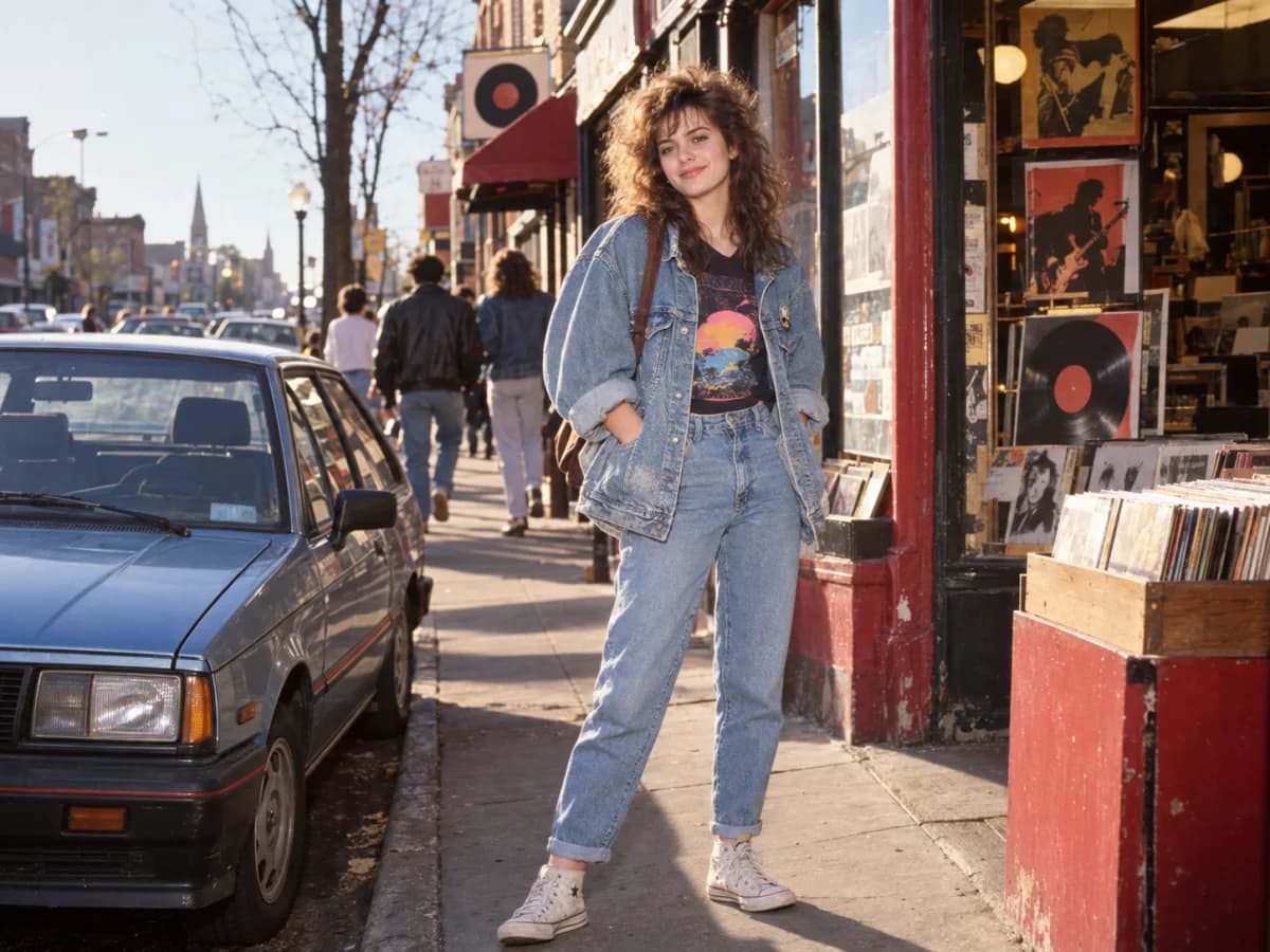 Denim street snapshot 1980s AI photo prompt example